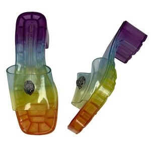 Kurt Geiger London Maddie Rainbow Jelly Slide Sandals 38.5 Eagle Head Block Heel